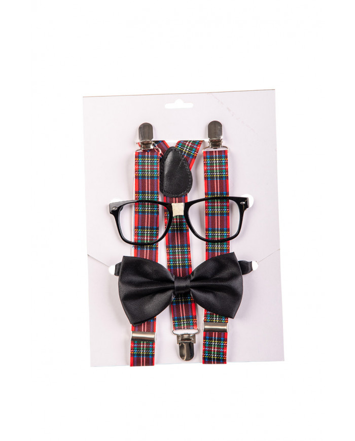 Set consisting of glasses without lenses, plaid fabric braces