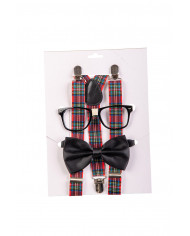 Set consisting of glasses without lenses, plaid fabric braces