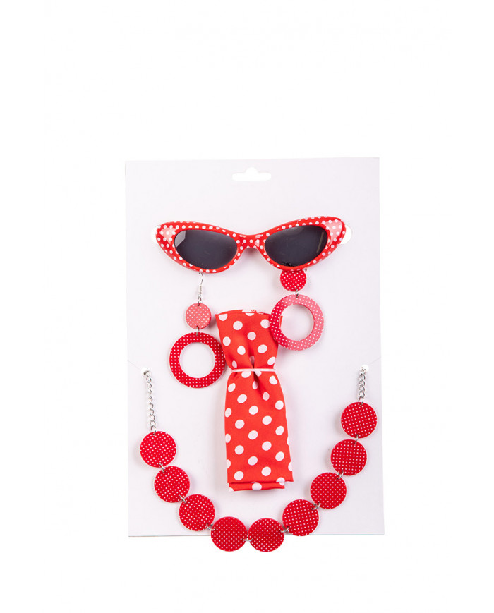 Set consisting of glasses with dark lenses, scarf, necklace and