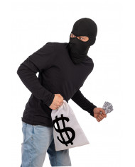 Set consisting of black fabric hood, fake banknotes and string