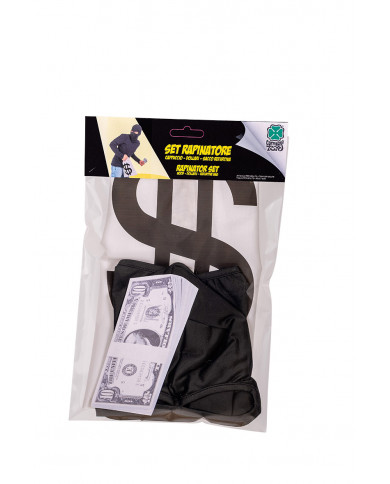Set consisting of black fabric hood, fake banknotes and string