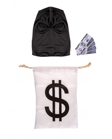 Set consisting of black fabric hood, fake banknotes and string