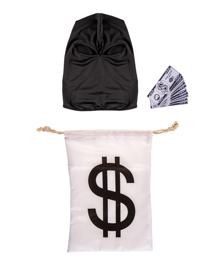 Set consisting of black fabric hood, fake banknotes and string