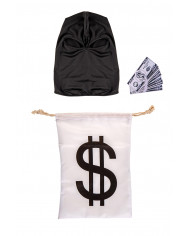 Set consisting of black fabric hood, fake banknotes and string