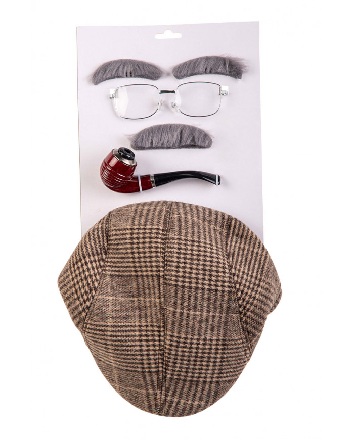 Set consisting of flat cap, fake pipe, glasses with clear