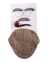 Set consisting of flat cap, fake pipe, glasses with clear