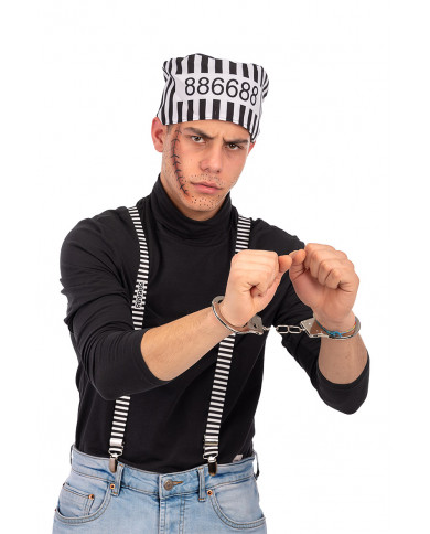 Set consisting of hat and suspenders in black and white striped