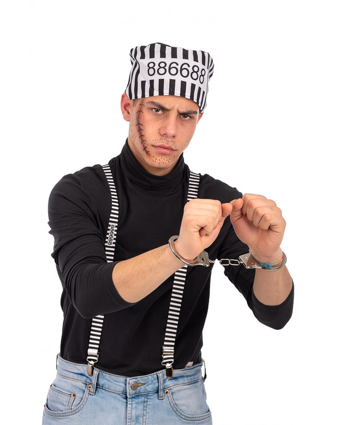 Set consisting of hat and suspenders in black and white striped