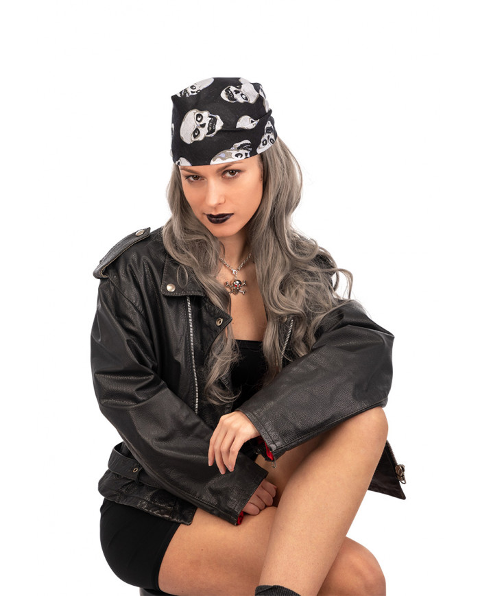 Black fabric bandana with white skull prints, measuring