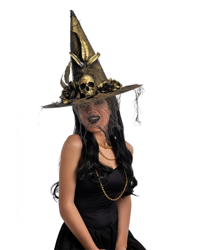Black and gold coloured witch hat with horror decorations and