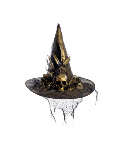 Black and gold coloured witch hat with horror decorations and