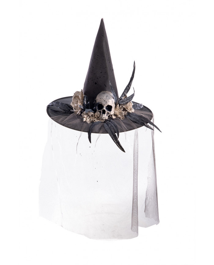 Black witch hat with gray horror decorations and veil. It