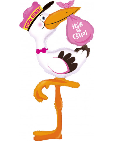 Stork-shaped foil balloon with pink bundle. Decoration for baby