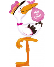 Stork-shaped foil balloon with pink bundle. Decoration for baby