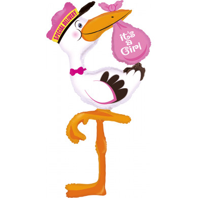 Palloncino in foil a forma di cicogna con fagottino rosa.