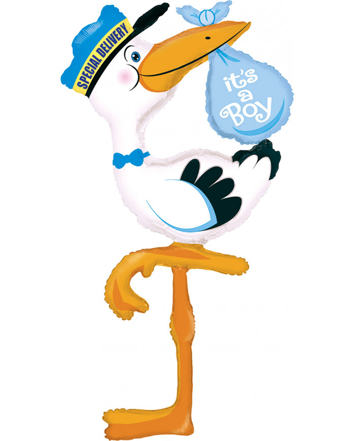 Palloncino in foil a forma di cicogna con fagottino azzurro.