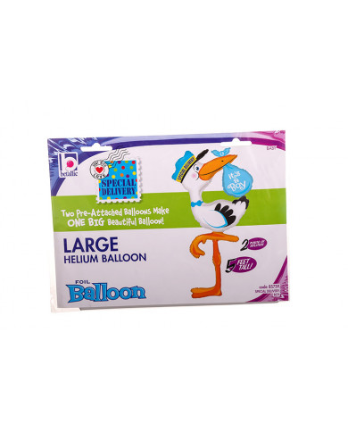 Stork-shaped foil balloon with blue bundle. Decoration for baby