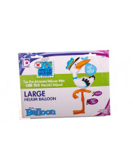 Stork-shaped foil balloon with blue bundle. Decoration for baby