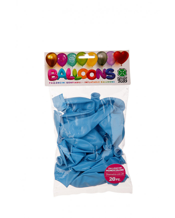 Package containing 20 blue balloons, 26cm in diameter.