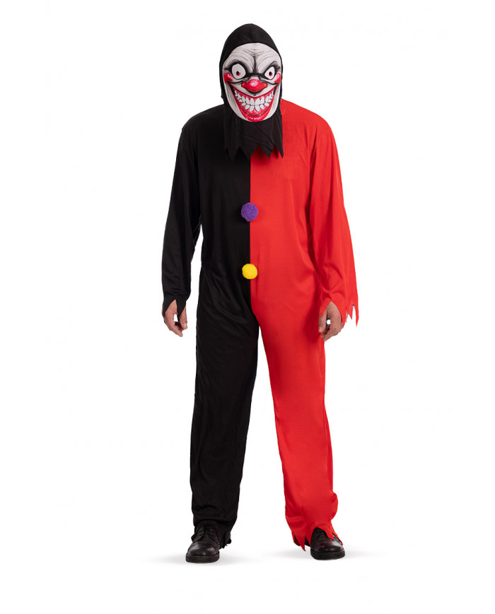 Clown face costume for man, consisting of a suit and a mask.