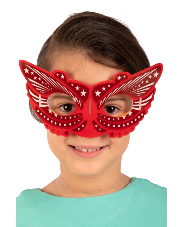 Half-face mask in the shape of a phosphorescent red butterfly