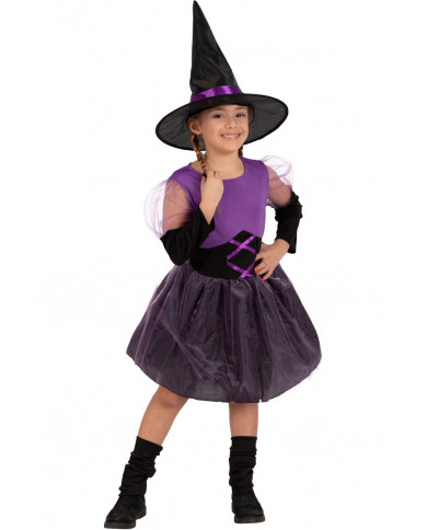 Little purple witch costume for girl consisting of a dress and