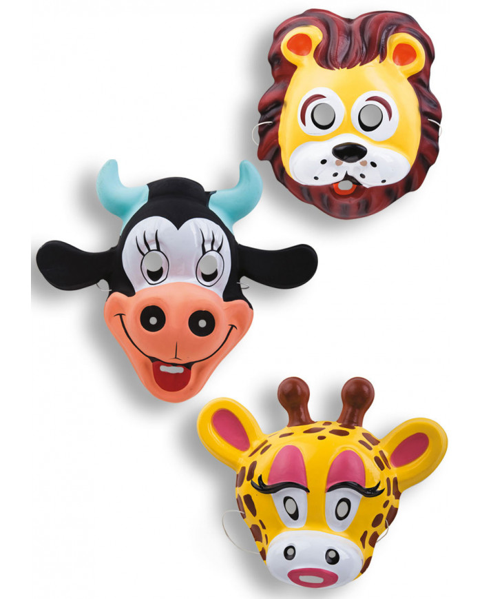 Colorful plastic animal masks in assorted models: cow, lion