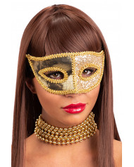 Antifaz de plÃ¡stico con tela dorada sobre cartoncillo