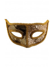 Antifaz de plÃ¡stico con tela dorada sobre cartoncillo