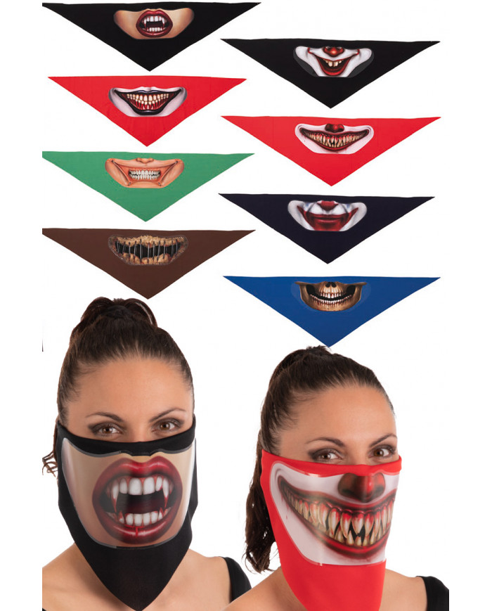 Bandana en tissu avec bouche horreur, couleurs et modèles assortis avec étiquette volante / étiquette