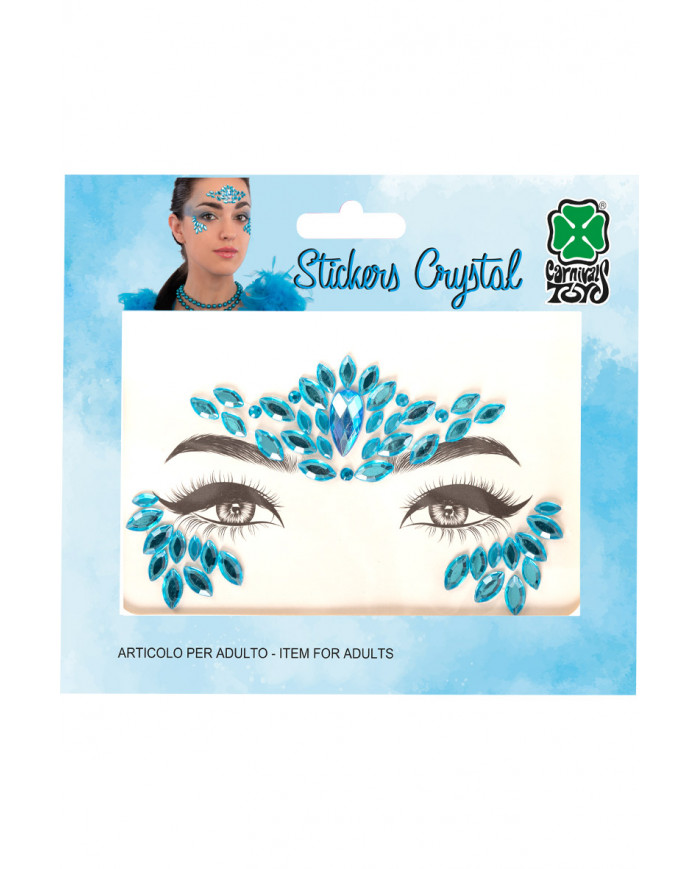 Blue crystal adhesive face decorations on card in pb