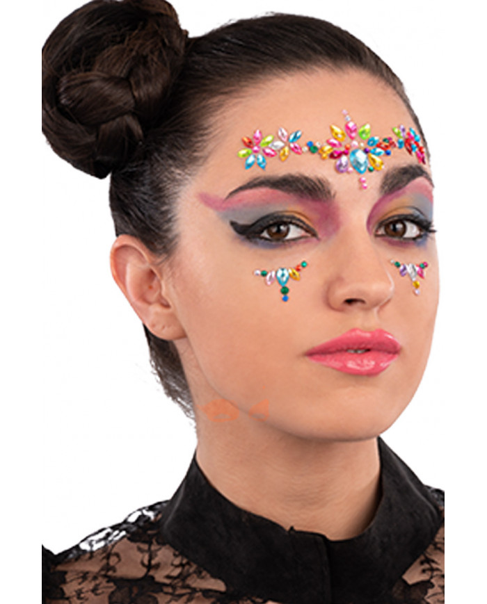 Cartella decorazioni adesive viso crystal multicolor in busta su cartoncino