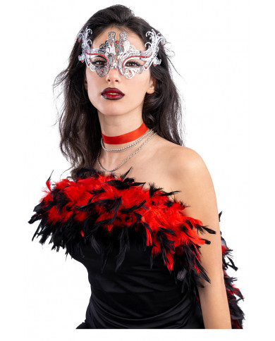 Masque argentÃ© en mÃ©tal avec strass rouges dans une pochette
