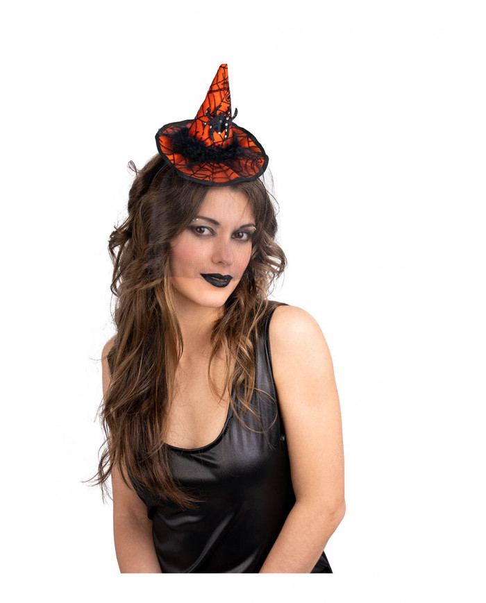 Cappellino strega arancione con ragno, veletta e cerchietto h.cm.14