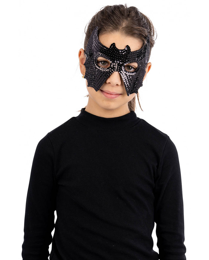 Maschera pipistrello nero in tessuto con paillettes con cav.