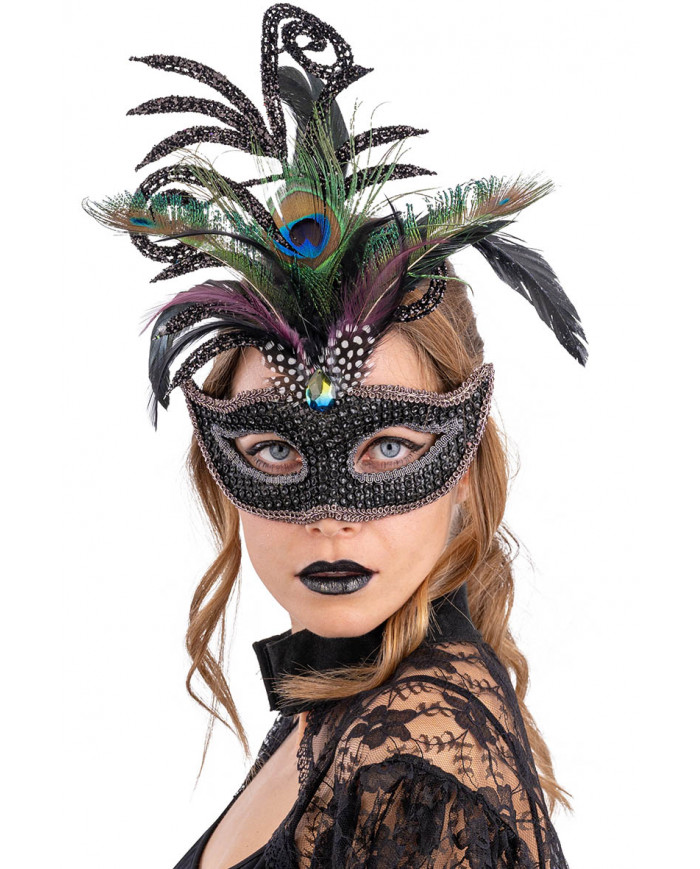 BLACK RHINESTONES MASK WITH GLITTERED DEC. AND PEACOCK FEATHERS IN PVC BOX