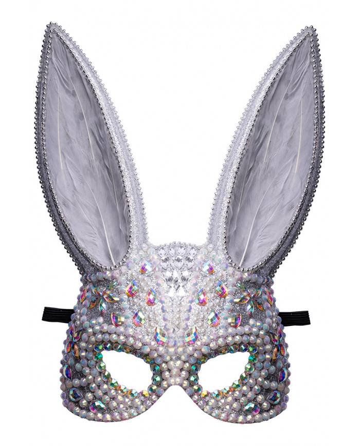 masque lapin gris avec strass et plumes sur papier cartonné