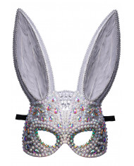 GREY RABBIT MASK WITH RHINESTONES AND FEATHERS ON CARD