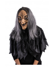 máscara de vieja bruja de látex con pelo con solapa de cartón