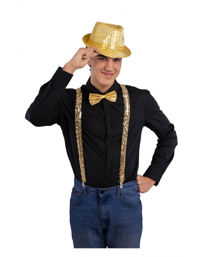 Set disco dance oro (cappello, bretelle, papillon) su cartoncino