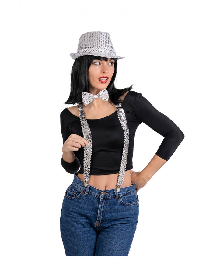 Disco Dance-Set silbern (Hut, Hosenträger, Fliege) auf Pappkarton