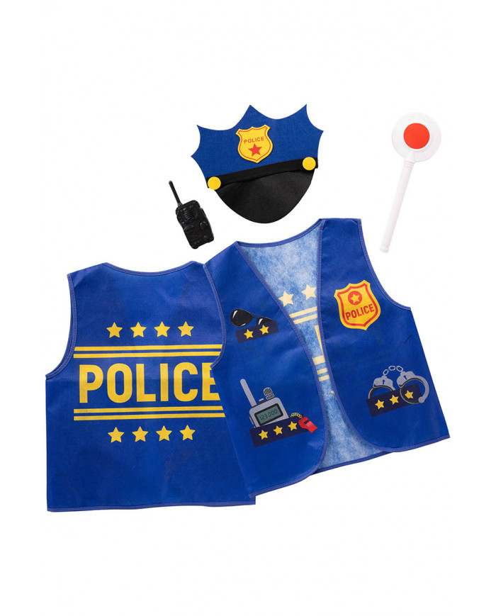 ensemble déguisement agent de police pour enfants (gilet, chapeau, talkie-walkie et disque) dans une pochette avec crochet