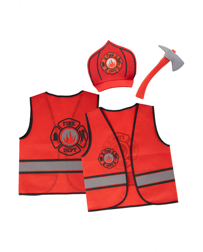 conjunto de bombero para niño (chaleco, sombrero y hacha) en bolsa con gancho