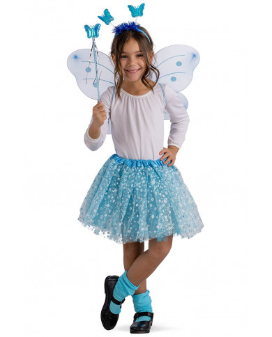 BLUE BUTTERFLY SET (SKIRT, WINGS L.CM.50X40, HEADBAND, WAND) IN BAG WITH HOOK