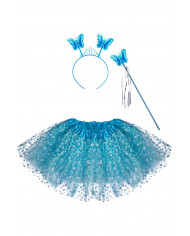 ensemble déguisement papillon bleu (jupe, ailes l.cm50x40, serre-tête, baguette) dans une pochette avec crochet