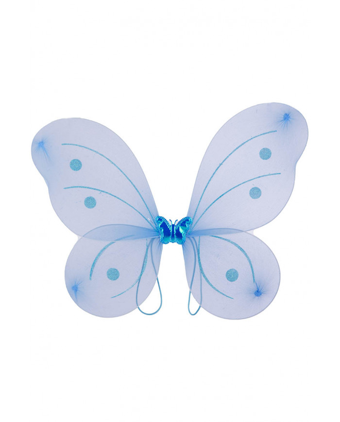 ensemble déguisement papillon bleu (jupe, ailes l.cm50x40, serre-tête, baguette) dans une pochette avec crochet