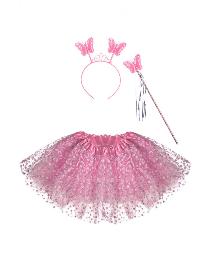 conjunto mariposa rosa (falda, alas de unos 50x40 cm. de largo diadema, varita) en bolsa con gancho