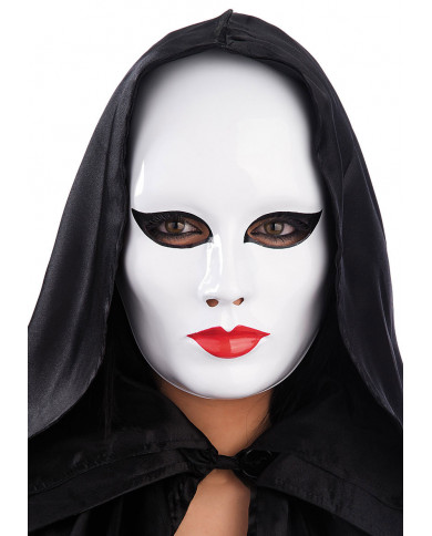 White plastic mask with woman traits, printed eyes and mouth.