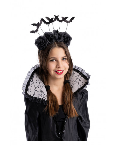 BLACK HEADBAND WITH  ROSE AND BATS WITH HEADER