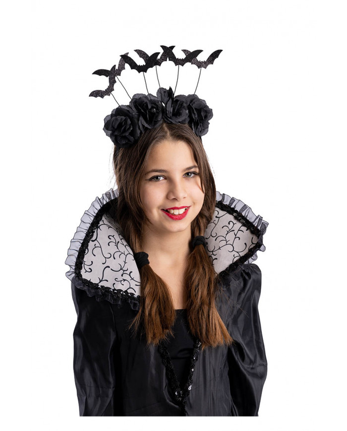 diadema negra con rosas y murciélagos con solapa de cartón